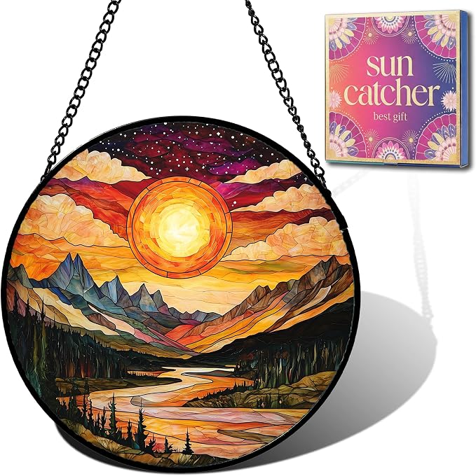 Birthday Gifts for Women - Sunset Mountains River Faux Stained Glass Window Hanging Sun Catcher for Door Garden Acrylic Decor Mother's Day Christmas for Mom Nana Men Grandma Wife 6.3"