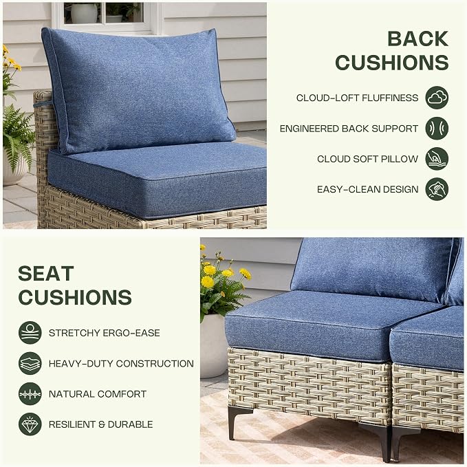 5 Piece Outdoor Sectional Patio Furniture Set with Solar Lighted Coffee Table, Modular Wicker Conversation Set with Flexible L-Shaped Layout for Porch Balcony Backyard, Denim Blue