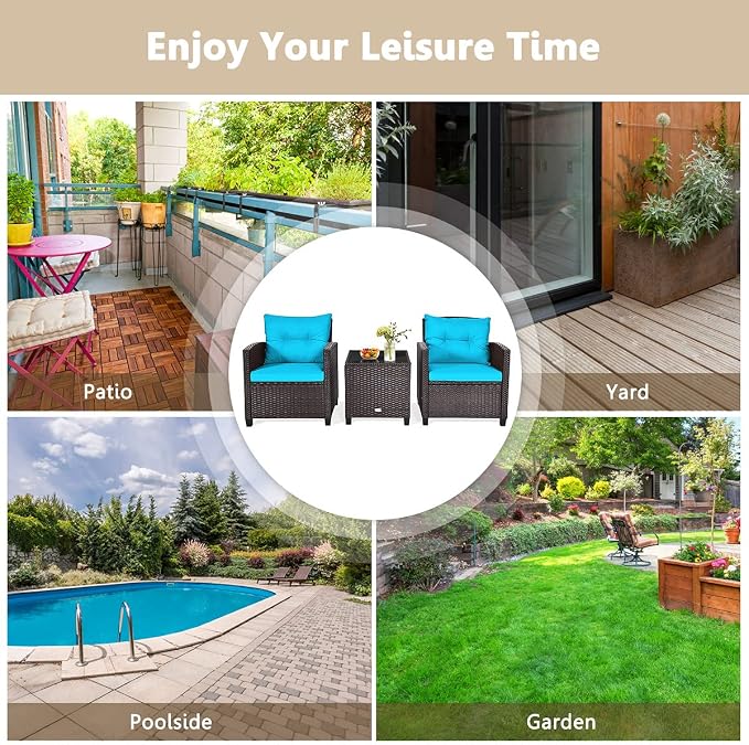 Modern Turquoise 3-Piece Wicker Patio Furniture Set with Water-Resistant Cushions & Tempered Glass Table