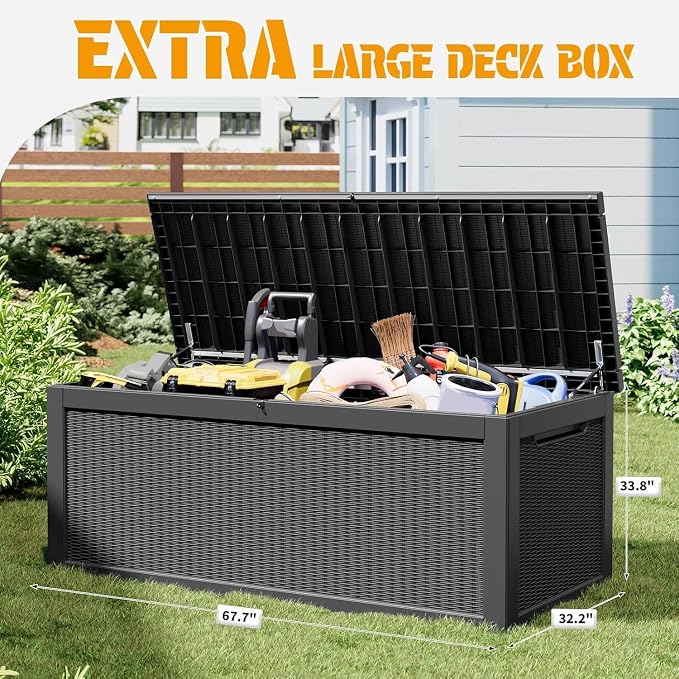 NUNU LAB Outdoor Storage Box, 320 Gallon Deck Box, Resin Waterproof Outside Storage Bench, Outdoor Storage Cabinet With Lockable Lid, Backyard Deck Box For Garden Tools, Patio Cushions, Black