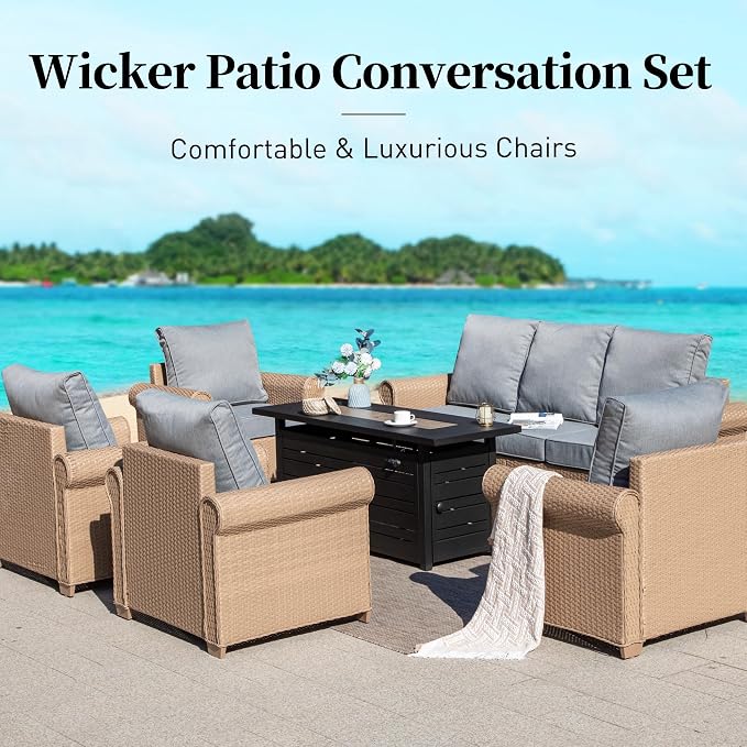 Patio Furniture Set 5 pcs, Wicker Rattan Outdoor Furniture with 5.5” Thick Cushions, 3-Seat Sofa, 2 Chairs and 2 Ottomans, Outdoor Conversation Set for Garden Backyard Deck, 7 Seats Grey