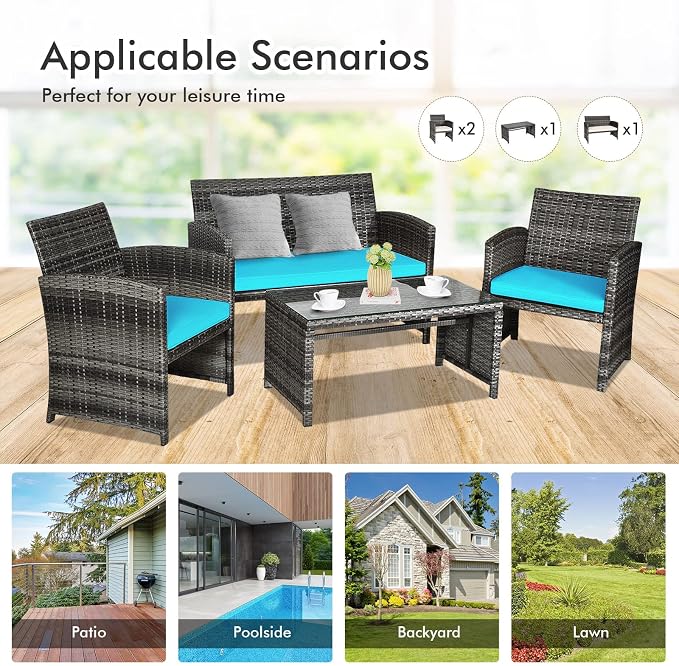 Outdoor Conversation Set, 8 Pieces Wicker Patio Furniture Set with Ergonomic Curved Design, Water-Resistant Cushion & Tempered Glass Table for Porch,Balcony(Turquoise)