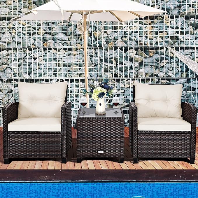 RELAX4LIFE 3 Piece Patio Furniture Set, Wicker Bistro Conversation Set w/ 2 Cushioned Armchairs & Glass Topped Table, Outdoor Rattan Sofa for Porch Balcony Poolside (White)