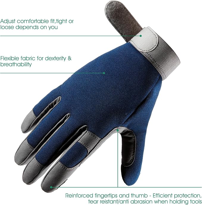 COOLJOB Thorn Proof Garden Gloves with Touchscreen Fingers for Men, Rose Pruning Work Gloves with Palm Cushion for Gardener, Farmer and Landscaper (Navy 1 Pair Small)