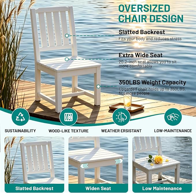 PLUUV 5-Piece Outdoor Dining Set – HDPE Patio Furniture with Aluminum Table, Umbrella Hole, and 4 Armless Chairs, All-Weather Resistant for Garden & Backyard, White