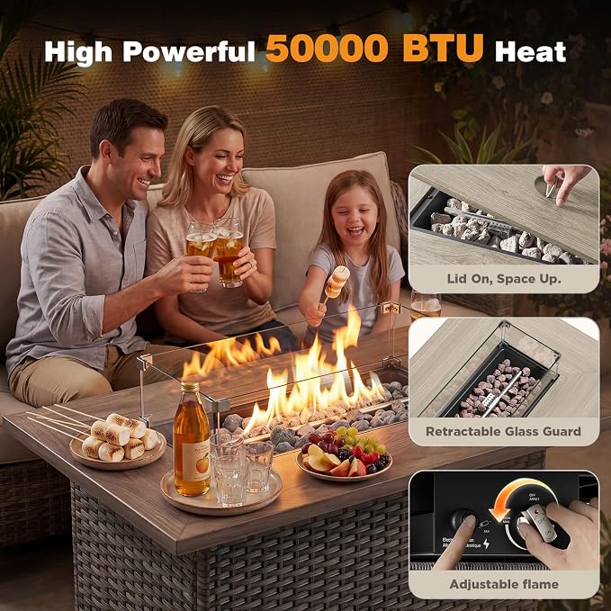 Belord Patio Wicker Swivel Rocker Patio Chairs with 3-Seater Sofa and 42.5" Fire Pit Table, Outdoor Furniture Set for Deck Porch Poolside, 8 Piece Patio Conversation Furniture Set,Beige