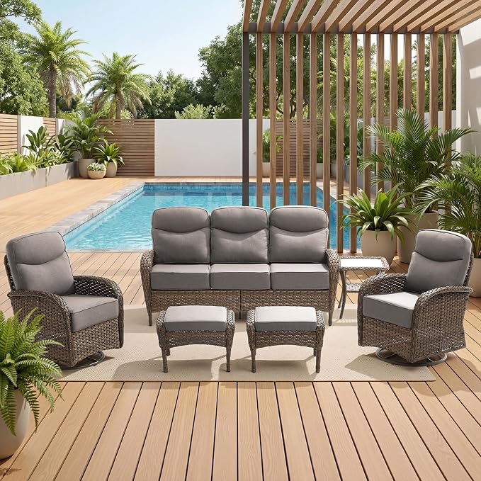 High Back Luxury Patio Furniture Set with 6-inch Thick Cushion, Swivel Rocker Patio Chairs with Outdoor Couch, 6 Piece Wicker Conversation Set for Deck Yard Garden Balcony Gray Cushion