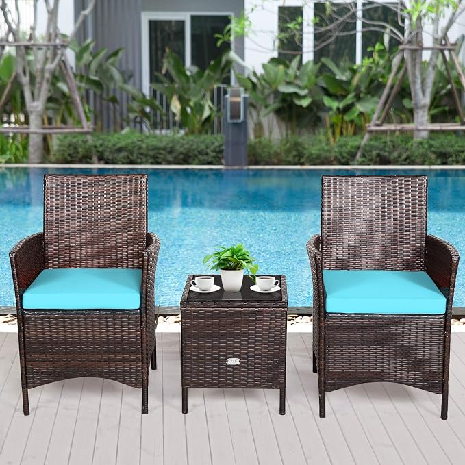 Tangkula 3-Piece Patio Conversation Set, Wicker Chairs with Glass Top Square Coffee Table & Cushions, All-Weather Outdoor Rattan Furniture Set for Garden Backyard Balcony Poolside (Turquoise)