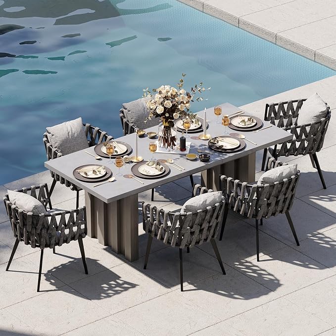 homary 7 Piece Outdoor Patio Dining Table Set, Aluminum Patio Dining Table Set with Extendable Table Top & 6 Woven Arm Chairs, Weatherproof Garden Furniture with Cushions for Backyard, Patio or Deck