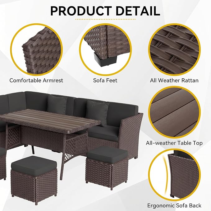 Patio Furniture Set, 7 Pieces Outdoor Dining Sets, All Weather Rattan Conversation Set, Outdoor Dining Sectional Sofa with Large Dining Table, Ottoman (Brown-Dark Grey, A-7 Pieces)