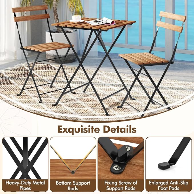 Giantex 3-Piece Acacia Wood Bistro Set, Patio Bistro Table with 2 Folding Chairs, Slatted Seat & Tabletop, Metal Frame, Outdoor Furniture Set for Backyard, Porch, Garden, Poolside (Black + Brown)