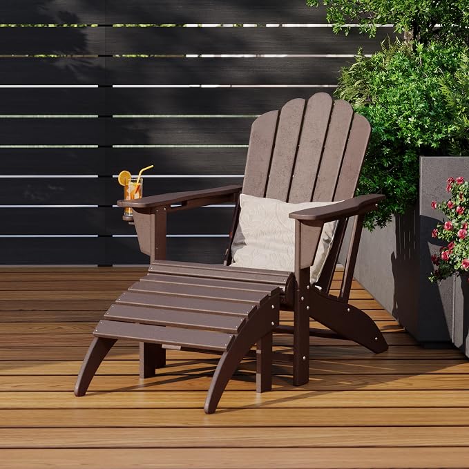Costaelm Lakeview 2-Piece Outdoor Patio HDPE Adirondack Chair with Ottoman and Cup Holder Set, Dark Brown