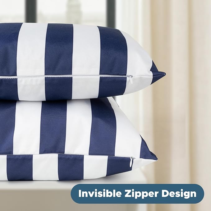 Outdoor Pillow Covers 18x18 Inch, Waterproof Throw Pillow Covers Pack of 2, Water-Resistant Decorative Pillow Case for Patio Furniture Tent Garden, Nautical Navy Blue White Stripes, Cover ONLY