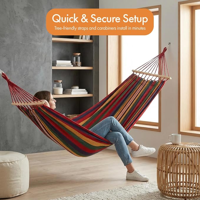 Gardenised Multicolor Striped Fabric Hammock with Wood Spreader Bars Portable Outdoor Hanging Design with Carry Bag S-Hooks and Ropes for Garden Backyard Patio Camping & Travel Use
