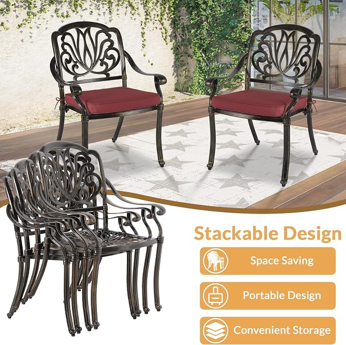 9 Piece Outdoor Patio Dining Set for 8, Cast Aluminium Large Square Dining Table & 8 Cushioned Stackable Chairs, Umbrella Hole, Patio Furniture Set for Garden Porch Poolside, Chili Red