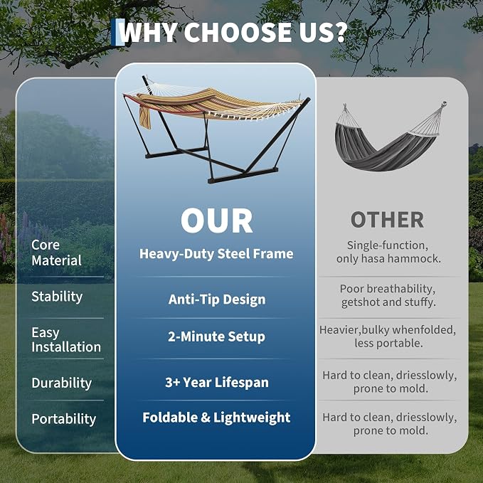  2 Person Hammock with Stand for Outside, Double Hammock with Stand and Pillow, Max 450 Lbs Capacity with Balance Rope, Large Hammock for Outdoor Patio Backyard Poolside