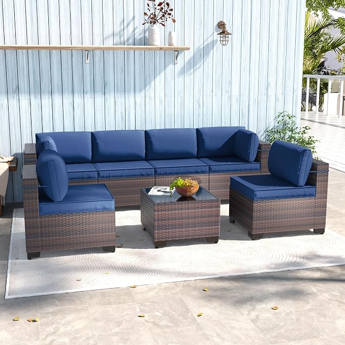 7 Pieces Outdoor Patio Furniture Sets,Wicker Conversation Set Sectional Sofa,Includes 6 All-Weather High Back PE Rattan Seating Components w/Thickened Cushions&Coffee Table,Navy