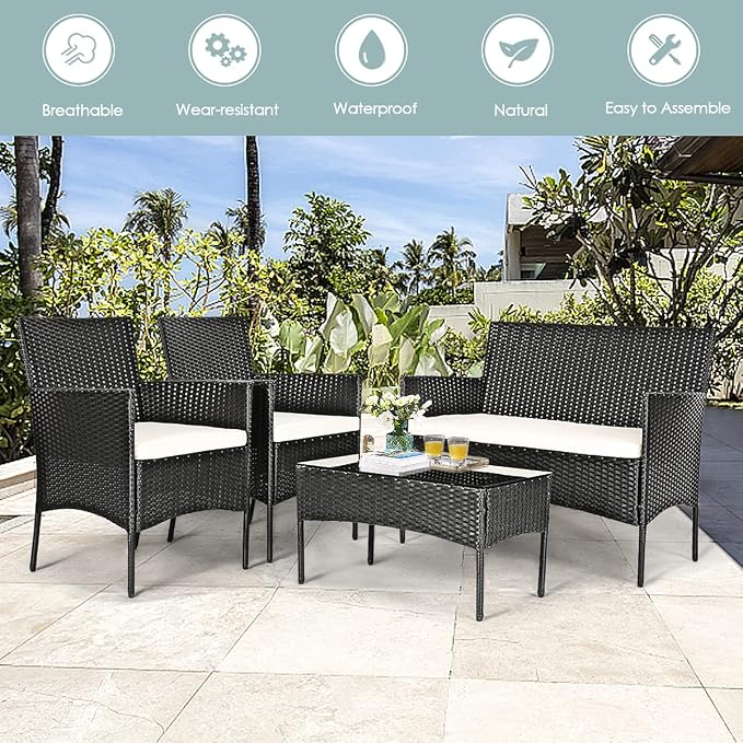 HAPPYGRILL 4PCS Patio Furniture Set Rattan Wicker Conversation Set Outdoor Patio Table Chair Set Wicker Sofas and Coffee Table Set for Garden Lawn Poolside