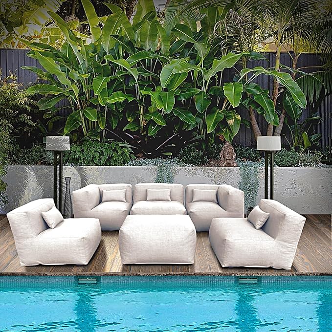 ANNYH CALALUNA 6Pc PATIO Furniture Sectional Conversation Set. Combines 3Middle, 2Corner, 1Ottoman/Coffee OUTDOOR Exp Foam Filled CHAIRS UNIQUE Modular Contemporary Sofa for Pool Garden (Light Beige)