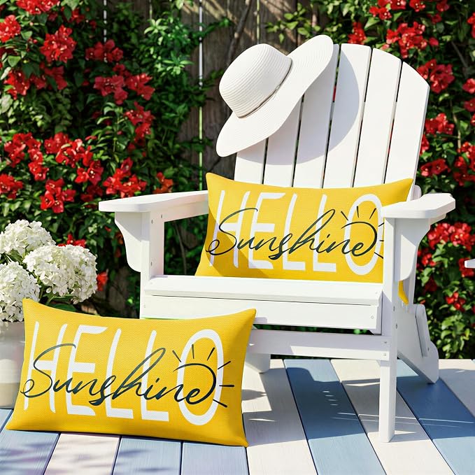 Lewondr Waterproof Outdoor Throw Pillow Cover, 12×20", Yellow | 2 Pack, Hello Sunshine Printing, Summer Garden Decor, For Patio Sofa, Balcony Couch, Bench Porch