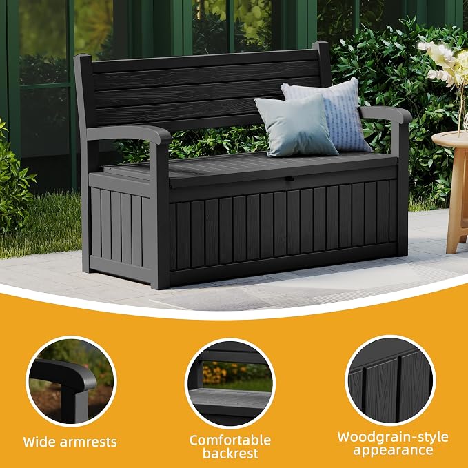 EasyUp 80 Gallon Wood Grain Style Outdoor Storage Bench, Waterproof and Lockable Deck Box Outdoor Storage Furniture for Patio,Garden,and Porch-Perfect for Storing Garden Tools(Black Srtipe)
