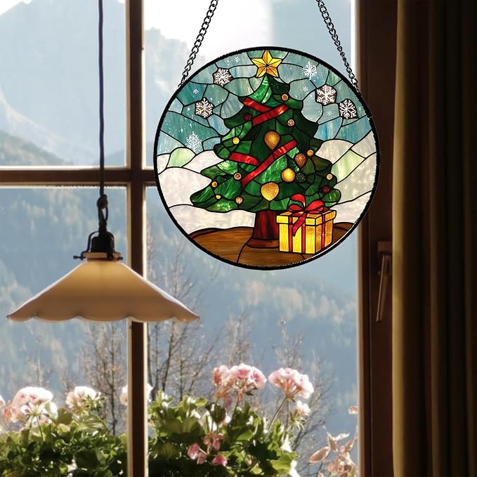 DASTOLL Stained Glass Window Hanging Green Christmas Tree Snowflake Large 15" - Suncatcher Door Garden Sun Catcher Xmas Holiday Decor Birthday for Mom Men Woman Friend Nana