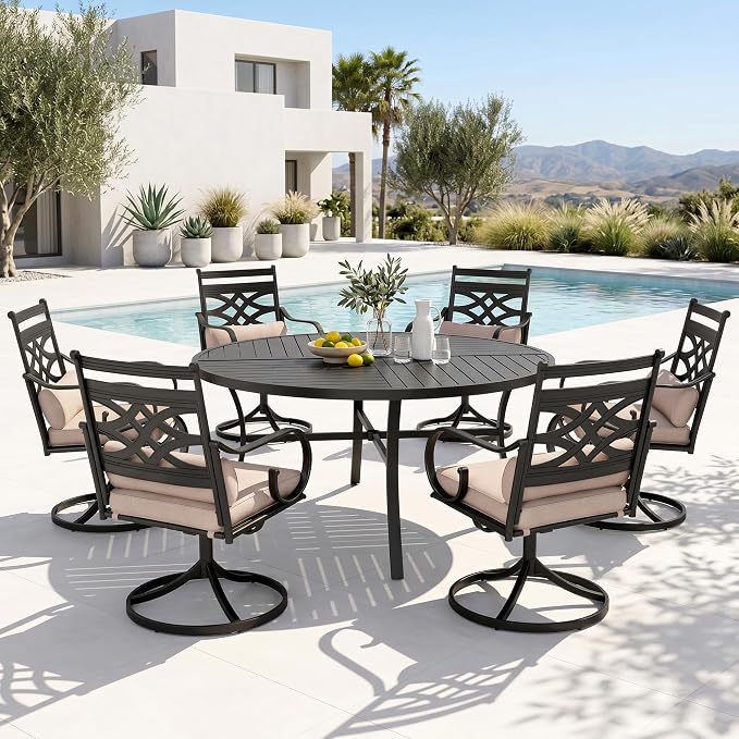 PHI VILLA Patio Dining Set, for 6, Swivel Chairs | E-Coated and Steel, Round Table, Beige, Umbrella Hole, 350 lbs Chair Capacity