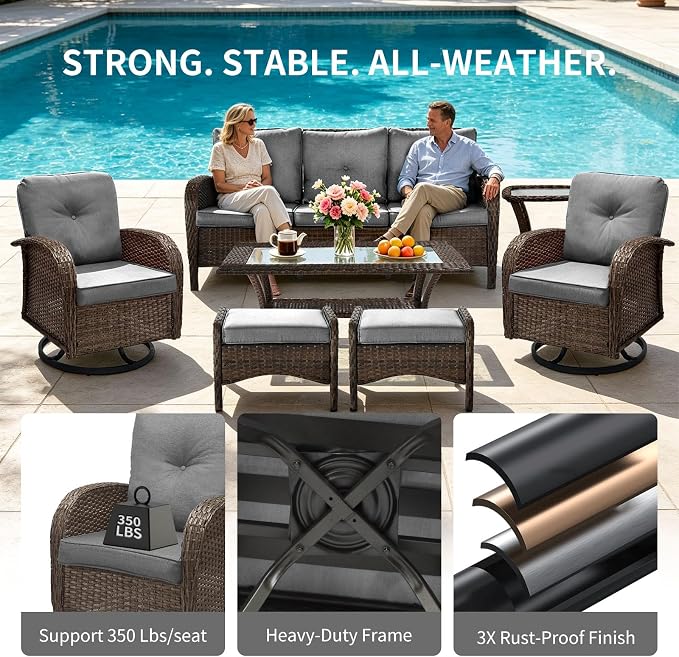 All Weather Patio Furniture Set, High Back Swivel Rocker Glider Chairs，Ottomans & Glass Tables, Outdoor Conversation Set for Deck Porch Yard Poolside (Grey, 9PCS-Swivel Chairs&Chairs&Sofa&Tables)