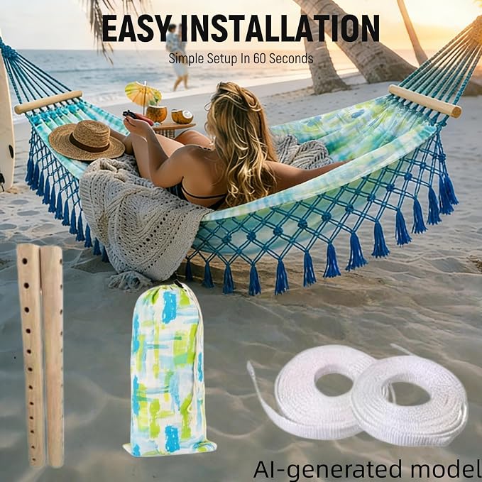 Portable Hammock,Bohemian Hammock,Rope Hammock,Suitable,Yard, Beach, Backyard,Garden (Blue, 79 * 59)
