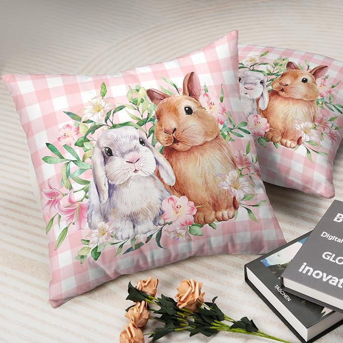 Spring Easter Pillow Covers 16x16 Pack of 2 Lovely Rabbit with Lily Flower Throw Pillow Covers Pink Plaid Bunny Pillow Case for Spring Easter Decoration Sofa Patio Garden