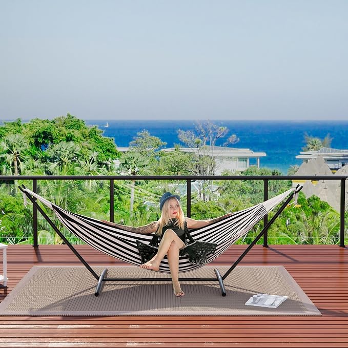 Double Hammock with Foldable Steel Stand and Carry Bag, 450LBS Weight Capacity Indoor Outdoor Standing Hammock, Portable Cotton Hammock for Garden Patio Camping Beach