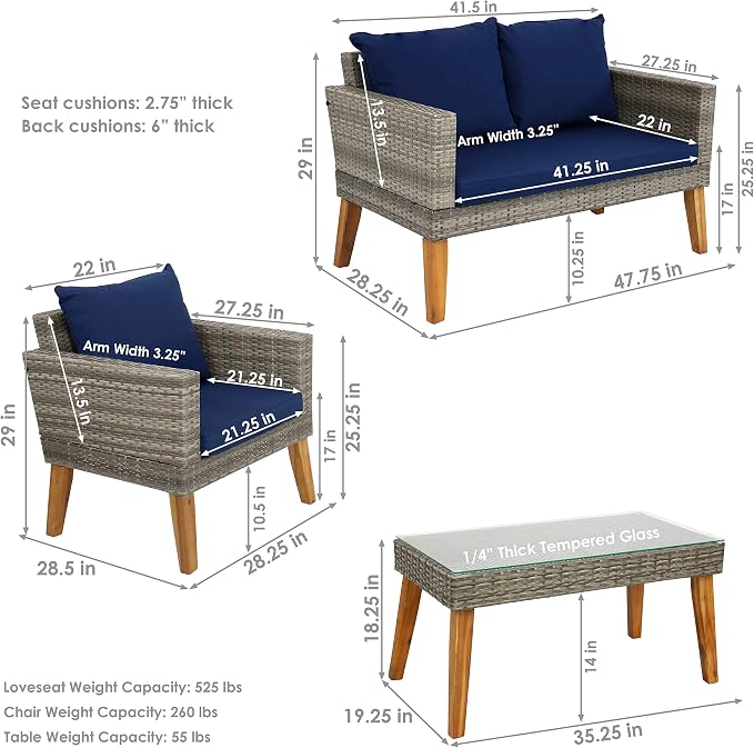 Sunnydaze Patio Furniture Set – 4 Piece Outdoor Conversation Set with Removable Cushions, Wicker Rattan Outdoor Loveseat and Chair Set for Backyard and Patio – Navy Blue