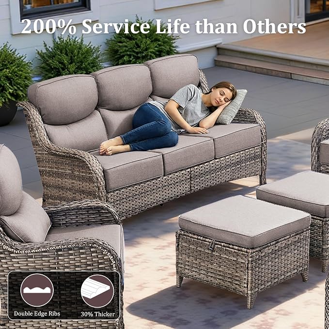 Luxury Patio Furniture Set with 42.5" Fire Pit Table, 6 Pieces High Back All Weather Wicker Outdoor Furniture w/ 6-Inch Thick Cushions, Patio Swivel Chairs Couch for Deck Balcony Backyard Grey