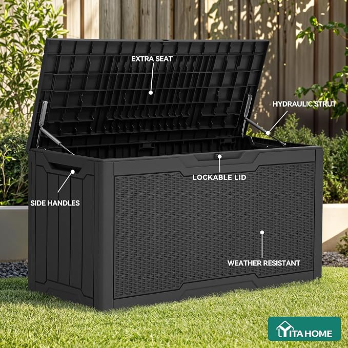 YITAHOME 80 Gallon Resin Deck Box, Weather Resistant Outdoor Rattan Storage Box, Lockable Indoor Outdoor Storage for Supplies and Essentials, Black