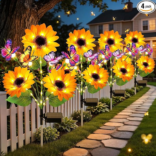 KOOPER Solar Garden Lights Outdoor Decor, Upgraded 4 Pack Solar Sunflower Lights with 16 Butterflies, Solar Flowers Outdoor Waterproof for Yard Lawn Garden Decor, Sunflower Gifts for Mom Women Grandma