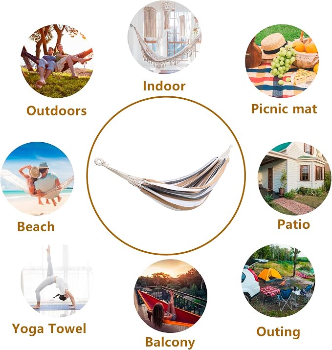 Double Hammock Brazilian Hammocks with Portable Carrying Bag,Soft Woven Fabric, Up to 450 Lbs Hanging for Patio,Trees,Garden,Backyard,Porch,Outdoor and Indoor XXX-Large Brown&Grey Stripe