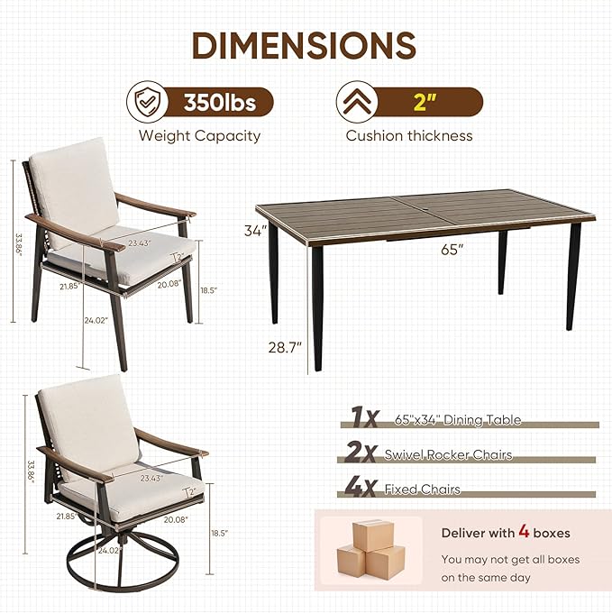 NATURAL EXPRESSIONS 7 Piece Patio Dining Table Outdoor Furniture Set for 6,4Pcs Fixed and 2Pcs Rattan Wicker Swivel Patio Dining Chair with Woodgrain Armrest, 65" Large Dining Table with Umbrella Hole