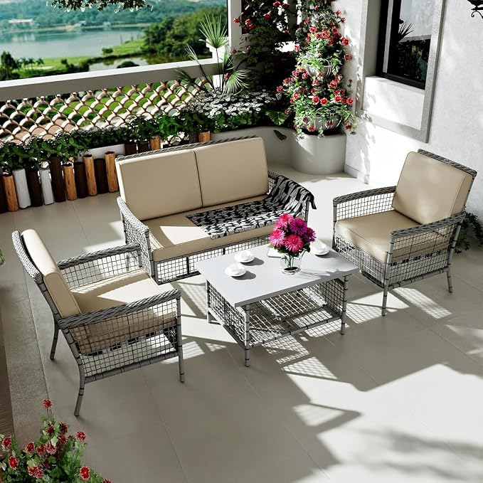 DECMICO 4 Pieces Outdoor Patio Furniture Set, Wicker Rattan Chairs & Loveseat Couch with Side Table and Cushions, All-Weather Patio Seating Set for Backyard, Deck, Porch (Beige)