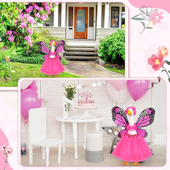 5pcs Butterfly Porch Goose Outfit Costume Tutu Skirt Butterfly Wing Wand Flower Crown for 17‘' 23‘' Cement Goose