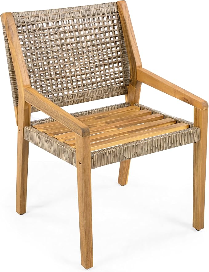 Christopher Knight Home Pelham Wooden Patio Dining Set for 4, Acacia Wood Outdoor Dining Table Set for 4, 5 Piece Outdoor Dining Set with Round Table and Armchair with Seat Cushion, Teak+Beige