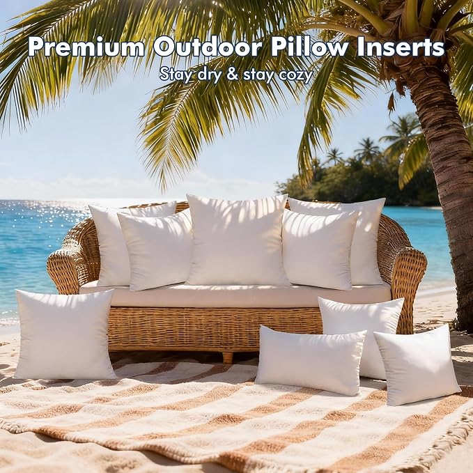 2 Pack 22x22 Outdoor Pillows, Water Resistant Throw Pillow Inserts | Square Waterproof Pillows, Decorative Pillow for Patio & Couch, Fluffy & Supportive, Convenient Zipper Design