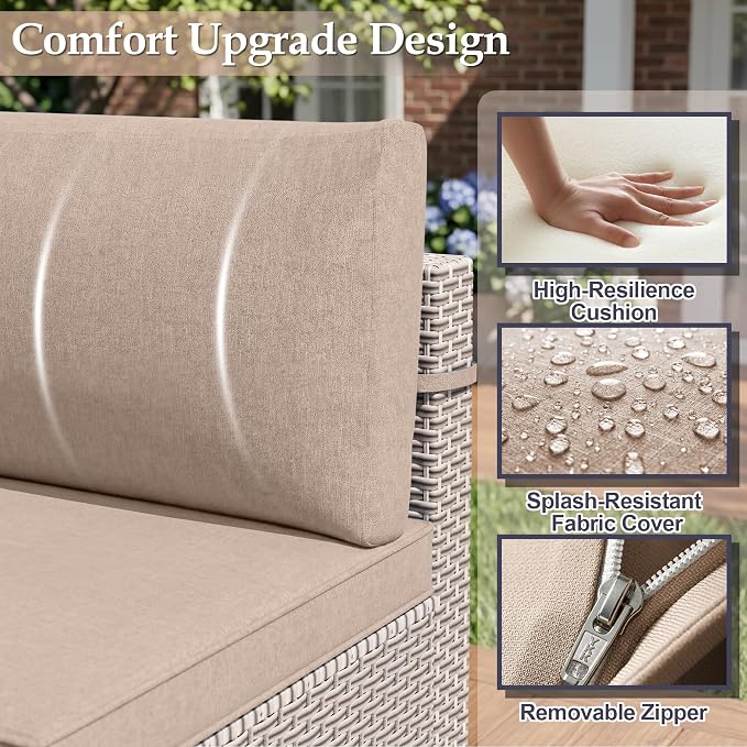 Patio Furniture Set, 14-Piece Outdoor Sectional Sofa with 2-Layer Glass Coffee Table, Wicker Patio Conversation Set with Khaki Cushions for Backyard, Poolside, Porch