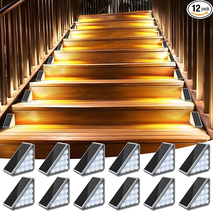 AUDLES 12 Pack Solar Stair Lights Outdoor Stair Lights with Waterproof IP67 LED Solar Light for Outside Light Decor for Deck, Front Step, Front Porch, Patio, Garden and Backyard