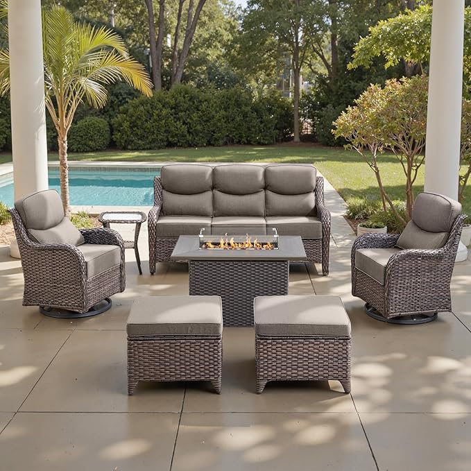 Belord Luxury 6" Thick Cushioned 7 Pieces Patio Furniture Set with Fire Pit Table, Wicker Outdoor Conversation Set with High Back Swivel Rocker Chairs for Deck Porch Yard and Poolside - Brown+Grey