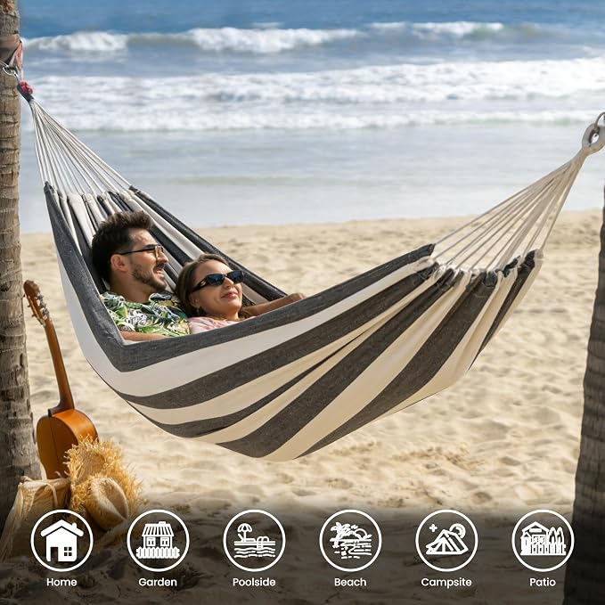 Lazy Daze Hammocks Double Brazilian Cotton Hammock, Extra Large Portable Outdoor Camping Hammock with Tree Straps & Travel Bag for Backyard Patio Poolside Indoor, 550lbs Capacity, Black & White