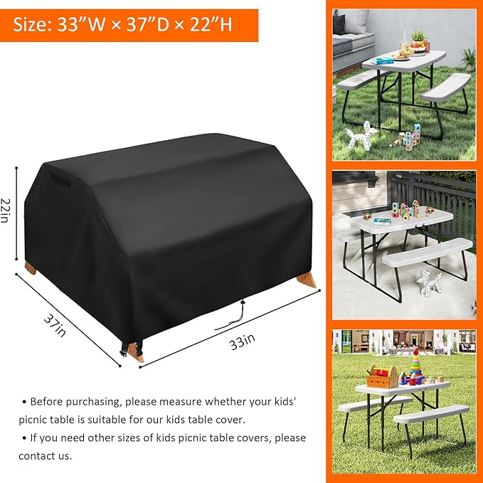 Kasla Kids Picnic Table Cover, Heavy Duty Waterproof, Fits Camping Table with Benches for Backyard, Patio, Lawn (33"W×37"D×22"H)