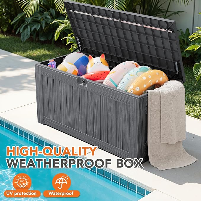 130 Gallon Deck Box Outdoor Indoor Waterproof Storage Box for Patio Furniture, Pool Accessories, Garden Tools, and Cushion Storage, Gray