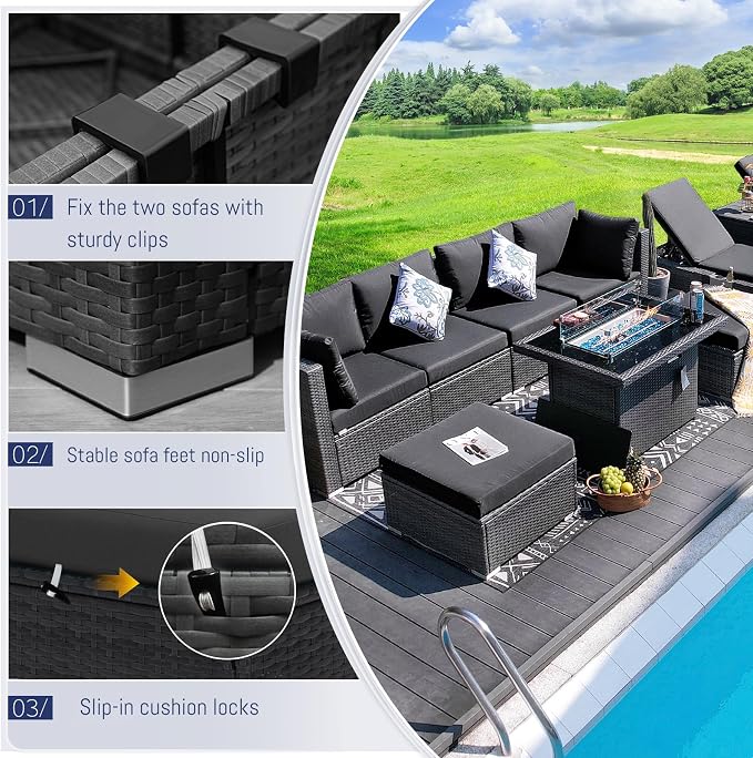 BULEXYARD 7 Piece High Back Outdoor Sectional Set with Fire Pit Table, Modern Wicker Patio Furniture Set Weather-Resistant, Modular 6-Person Couch Sofa Comfortable Wide Deep Seats for Backyard, Grey
