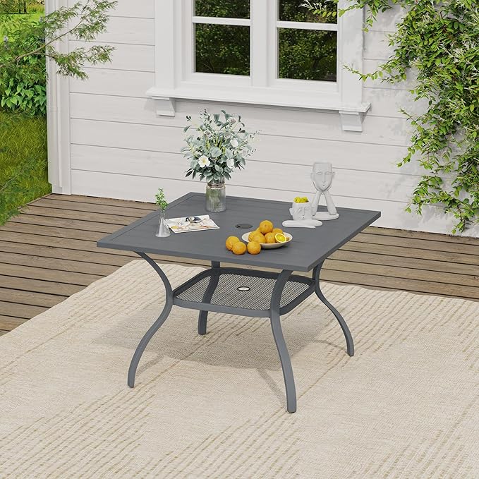 VICLLAX Square Outdoor Table and Chairs Set, 5 Pieces Patio Dining Set of 37.8" Metal Square Patio Table with Umbrella Hole & 4 Swivel Outdoor Dining Chairs for Backyard Lawn, Grey & Dark Grey