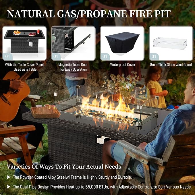 RADIATA 7 Piece Wicker Patio Furniture Set with Fire Pit, All-Weather Outdoor Sectional Couch High Back Large Size, Modular Backyard Seating Sofa Set with Propane/Natural Gas Firepit Table, Grey&Blue